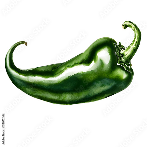 Jalapeno pepper isolated on white transparent background. Green chili pepper . Top view. Flat lay watercolor