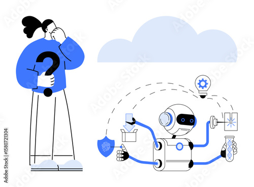Human holding a question mark faces a multitasking robot working with tools, shield, and progress elements. Ideal for innovation, AI, decision-making, future, robotics, problem-solving technology