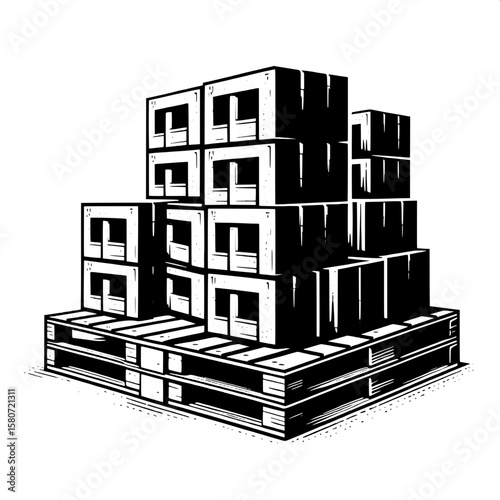 Black and White Vector Silhouette of Concrete Blocks on Pallets