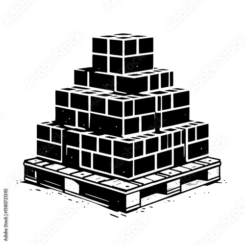 Black and White Vector Silhouette of Concrete Blocks on Pallets