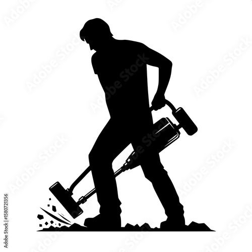 Black and White Vector Silhouette of a Man Operating Jackhammer