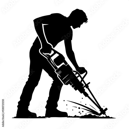 Black and White Vector Silhouette of a Man Operating Jackhammer