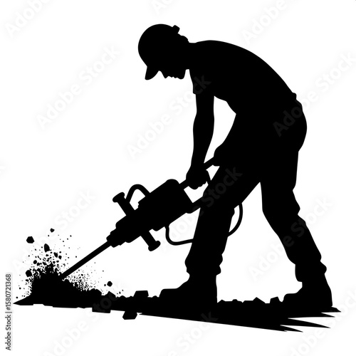Black and White Vector Silhouette of a Man Operating Jackhammer