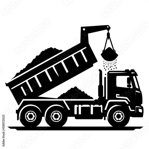 Black and White Vector Silhouette of a Dump Truck with Raised Bed