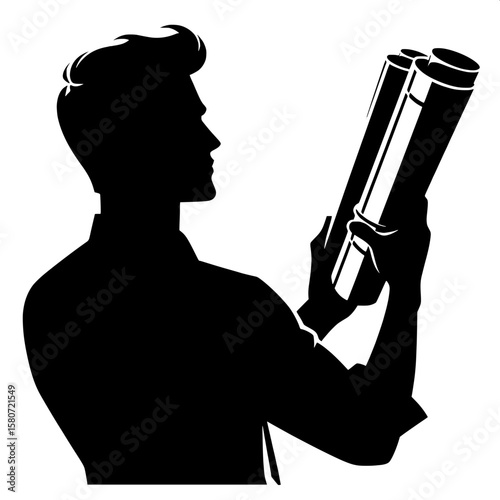 Black and White Vector Silhouette of Man Holding Construction Plans