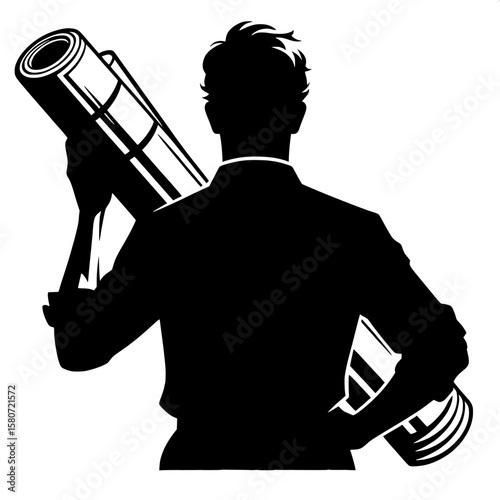 Black and White Vector Silhouette of Man Holding Construction Plans