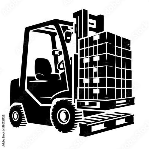 Black and White Vector Silhouette of a Forklift Lifting Materials