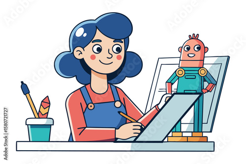 Creative young girl designs a friendly robot on a digital tablet with art supplies nearby