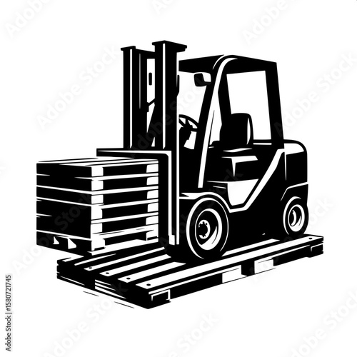 Black and White Vector Silhouette of a Forklift Lifting Materials