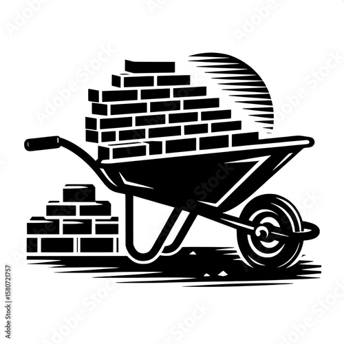 Black and White Vector Silhouette of a Wheelbarrow with Bricks