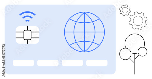 Contactless chip card with wireless signal and globe, representing digital payments. Adjacent gear and tree icons highlight technology and sustainability. Ideal for fintech, e-commerce, global