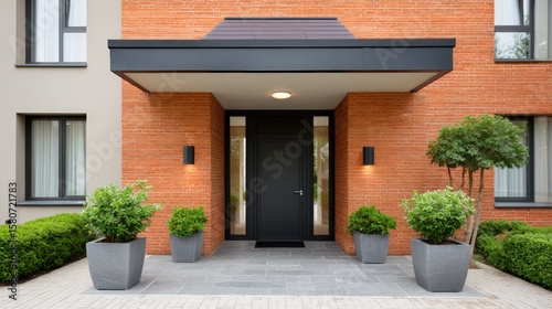 Door entry for smart offices, Modern brick house entrance with black door, large overhang, and symmetrical potted plants on a tiled walkway.