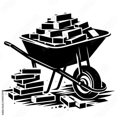 Black and White Vector Silhouette of a Wheelbarrow with Bricks