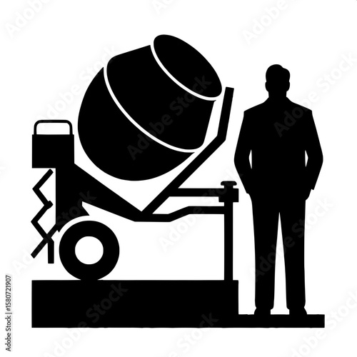 Black and White Vector Silhouette of a Man Working Near Concrete Mixer