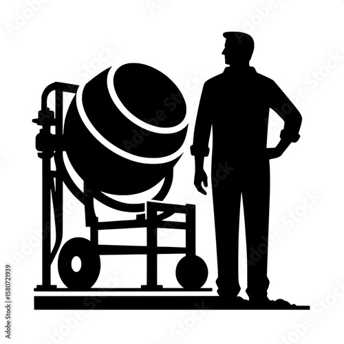 Black and White Vector Silhouette of a Man Working Near Concrete Mixer