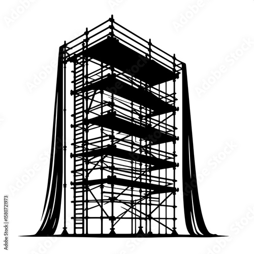 Black and White Vector Silhouette of Scaffolding with Safety Netting