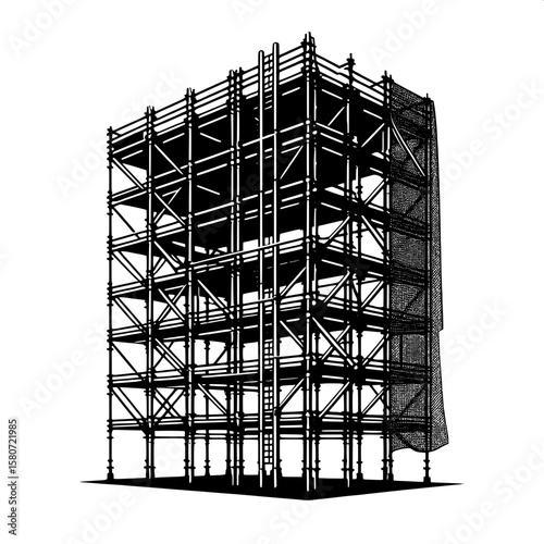 Black and White Vector Silhouette of Scaffolding with Safety Netting