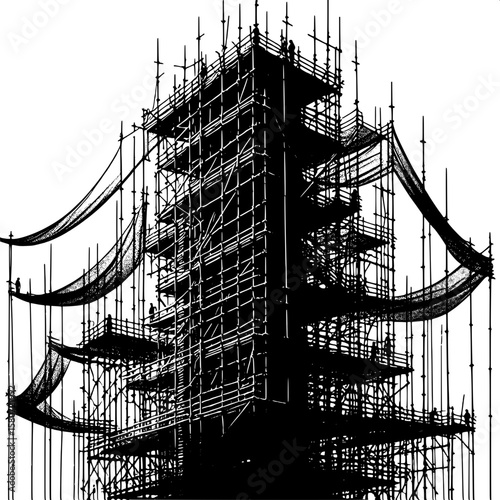 Black and White Vector Silhouette of Scaffolding with Safety Netting