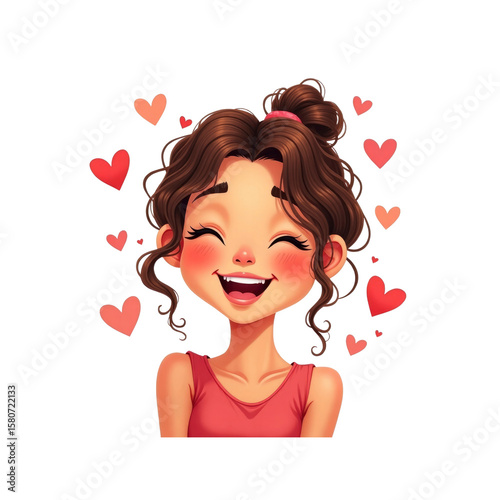 Joyful Cartoon Girl Surrounded by Hearts