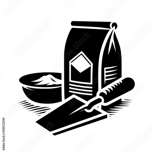 Black and White Vector Silhouette of a Cement Bag with Trowel