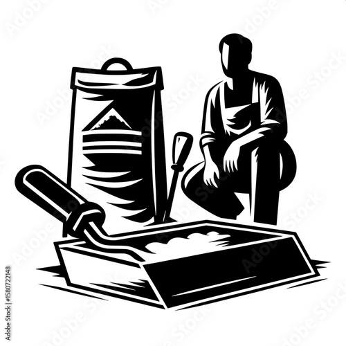 Black and White Vector Silhouette of a Cement Bag with Trowel
