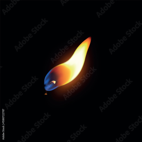 Realistic candle fire flame, vector 3D burning wick texture on black background, memorial candlelight, candle stump