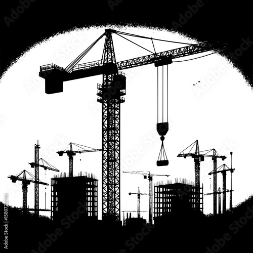 Black and White Vector Silhouette of a Tower Crane on Construction Site