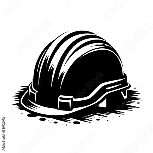 Black and White Vector Silhouette of a Construction Helmet on Ground