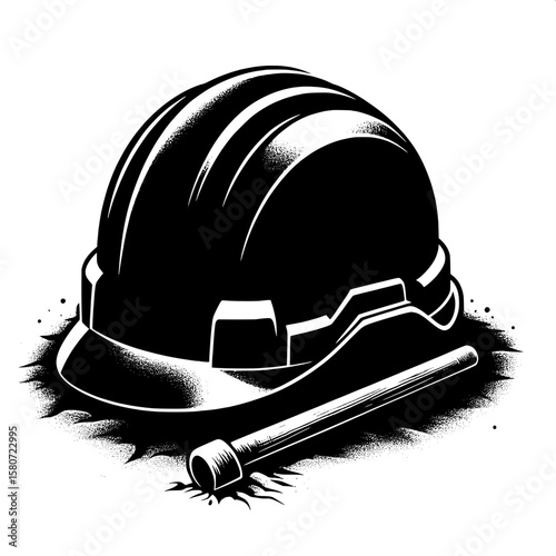 Black and White Vector Silhouette of a Construction Helmet on Ground