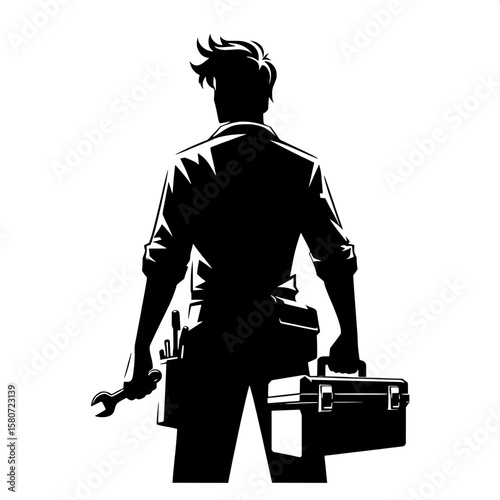 Black and White Vector Silhouette of a Man Carrying a Toolbox