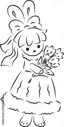 A cute bunny in a ball gown with a bow on her head stands and holds a bouquet of tulips in her hands, full-length, black outlines drawn by hand with a brush curved lines