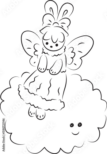 Cute bunny with butterfly wings in a ball gown with a bow on her head sits on a big happy cloud, full length, black outlines drawn by hand with a brush curved lines