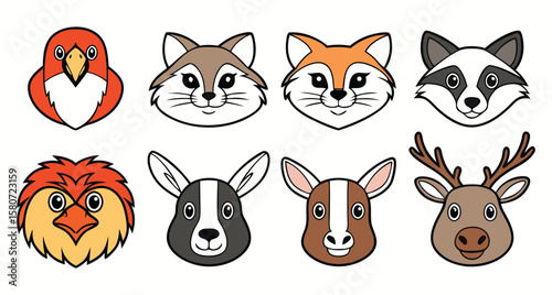 Animal faces collection with bird fox raccoon deer