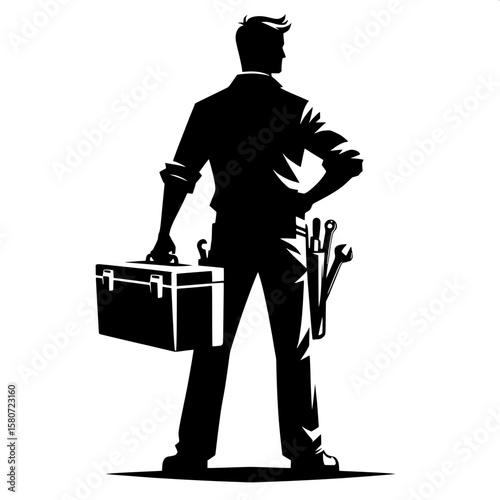 Black and White Vector Silhouette of a Man Carrying a Toolbox