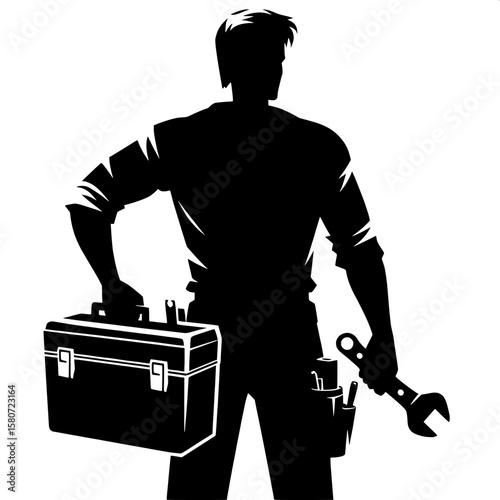 Black and White Vector Silhouette of a Man Carrying a Toolbox