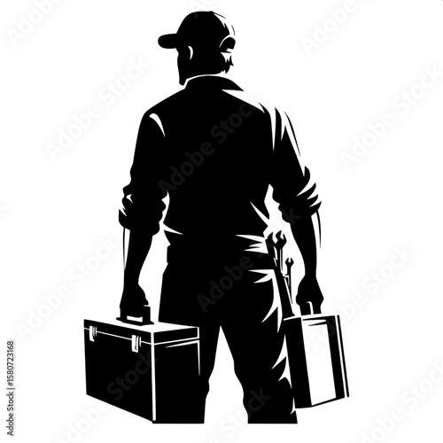Black and White Vector Silhouette of a Man Carrying a Toolbox