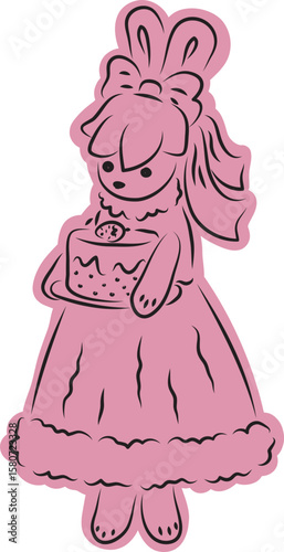 A cute bunny in a ball gown with a bow on her head stands and holds a cake in her hands on a plate, full-length, with a lilac fill extending beyond the outline, black outlines drawn by hand 