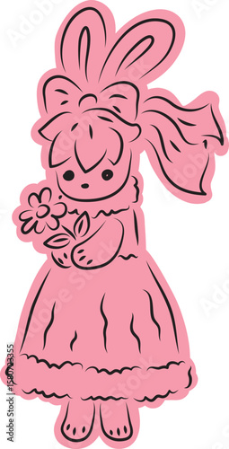 A cute bunny in a ball gown with a bow on her head stands and holds one flower in her hands, full-length, with a pink fill extending beyond the outline, black outlines drawn by hand with a brush 