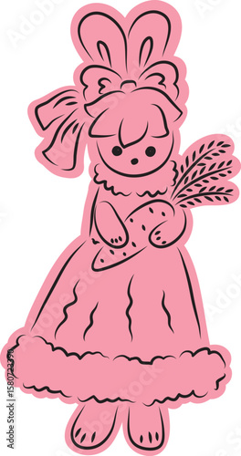 Cute bunny in a ball gown with a bow on her head stands and holds one carrot in her hands, front view, full length, with a pink fill extending beyond the outline, black outlines drawn by hand 