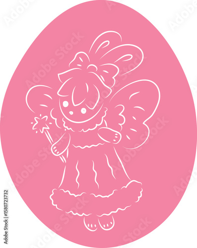 Cute bunny with butterfly wings in a ball gown with a bow on her head flies and holds a magic wand in her hands, full-length, with an oval background in pink, white contours curved lines drawn by hand