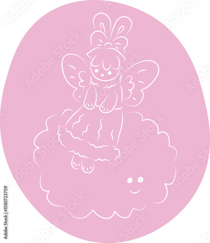 Cute bunny with butterfly wings in a ball gown with a bow on her head sits on a big happy cloud, full length, with an oval background in lilac, white contours curved lines drawn by hand with a brush