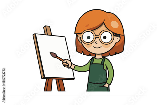 A cheerful cartoon artist with ginger hair and glasses stands ready to paint on a blank canvas mounted on an easel