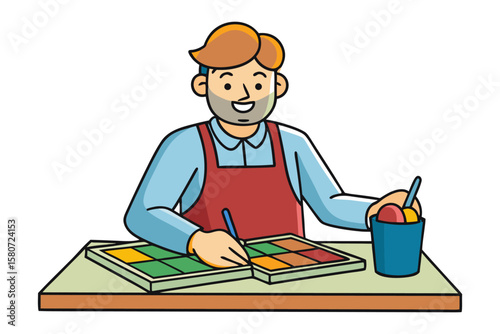 A cheerful cartoon artist wearing a red apron sits at a table focused on painting with a palette and brushes