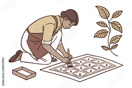 Artist meticulously applies intricate patterns to a textile using a brush surrounded by design elements and tools
