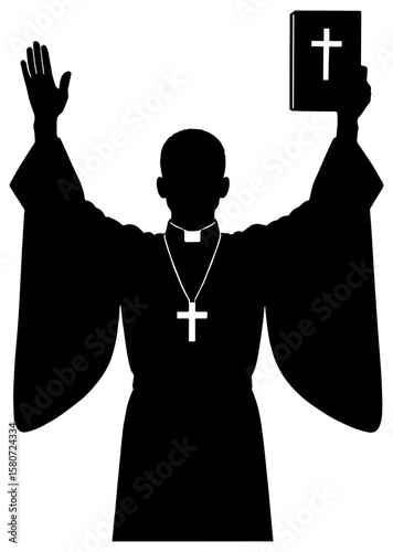 Silhouette of a preacher holding up a bible, isolated 