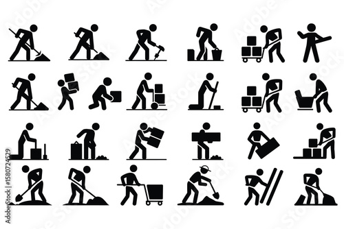 Workers performing various manual labor tasks construction