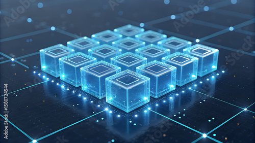 Futuristic technology presents an array of digital blocks representing blockchain data and abstract computer processing in a blue digital space.
