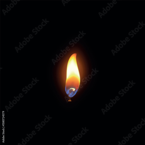 Realistic candle fire flame, vector 3D candle stump flare, burning wick, memorial or celebration event candlelight