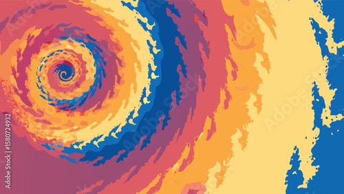 Abstract spiral design with concentric bands of color in shades of blue yellow pink and orange hues