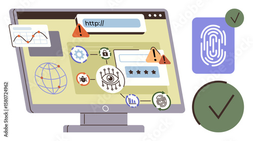 Computer screen displaying browser URL, warnings, bug icons, gear, login form, and authentication elements. Ideal for cybersecurity, data protection, risk management hacking technology privacy